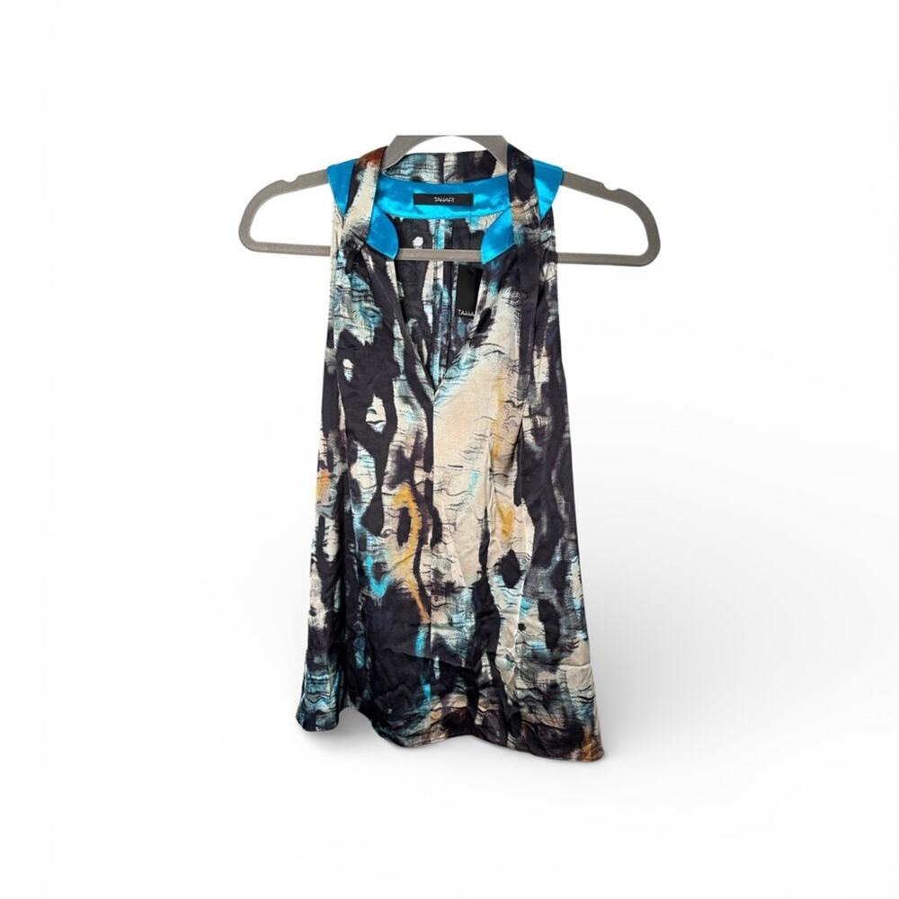 Tahari Black & Tan Print Sleeveless V Neck Blouse Size Small